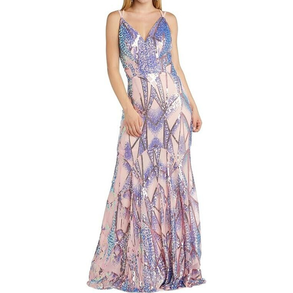 Morgan & Co Juniors Long Sequined V-Neck Dress (Size 0)Chic Back Strap Prom Gown - Picture 1 of 9